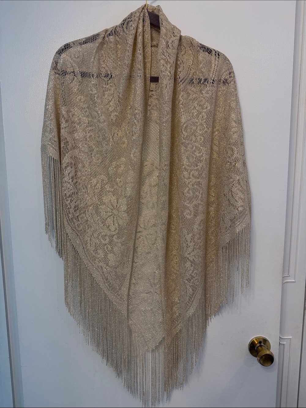 Vintage but Never Worn Gold Lace Fringe Shawl Wrap - Elegant Evening Wrap
